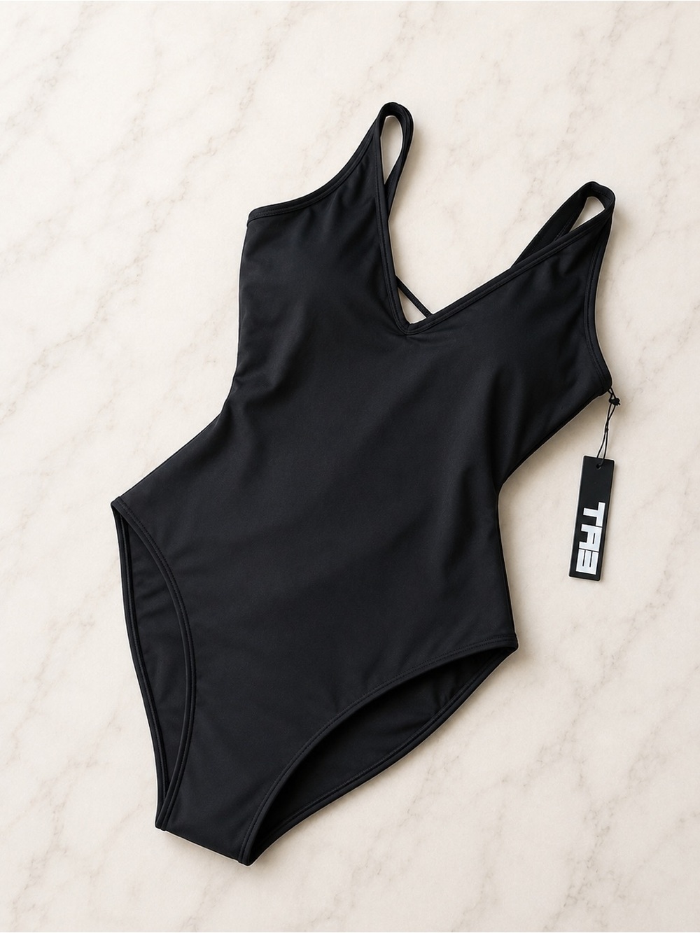 TA3 Plungey  XL short Black One-Piece V-Neck Swimsuit